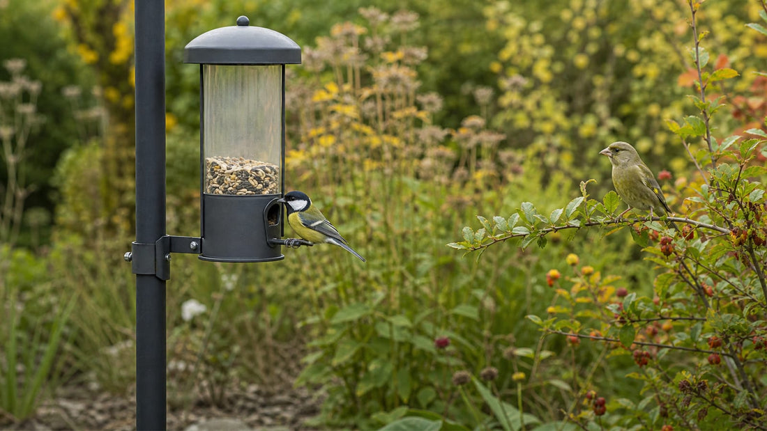 Kohlmeise am sauberen Futtersilo und Grünfink in einem naturnahen Garten