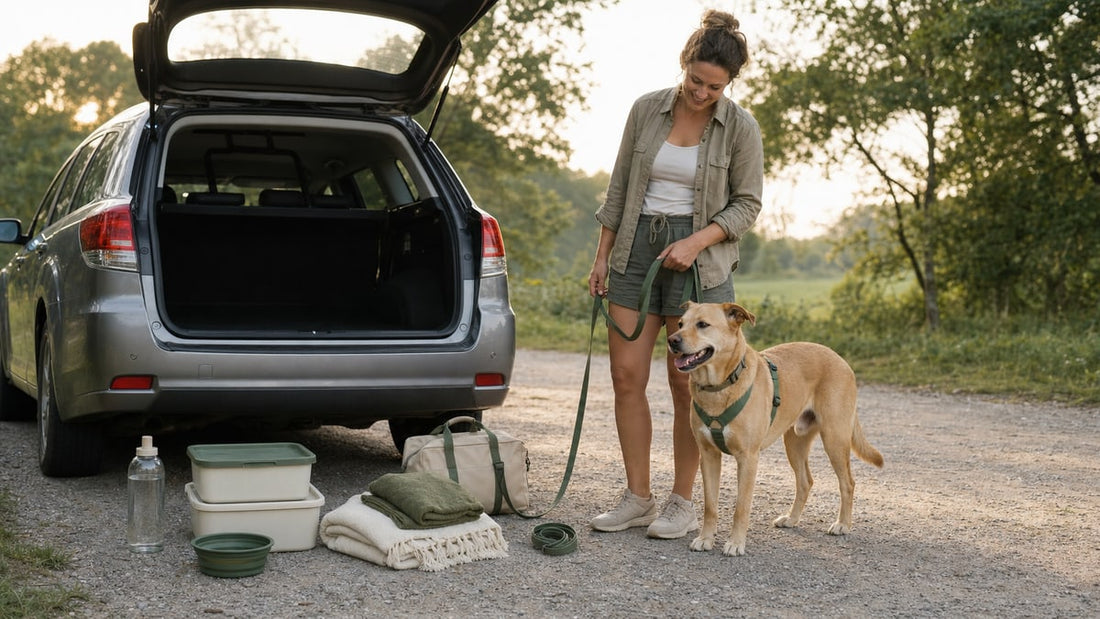 Hund mit Halterin und vorbereitetem Reisegepäck neben einem geparkten Auto