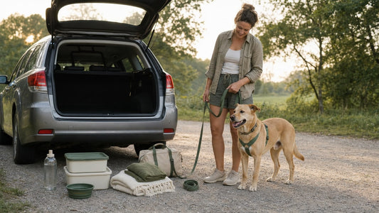 Hund mit Halterin und vorbereitetem Reisegepäck neben einem geparkten Auto