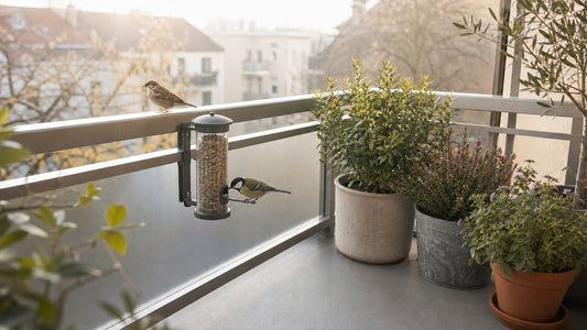 Kohlmeise und Haussperling an einem sicher befestigten Futtersilo auf einem bepflanzten Stadtbalkon.