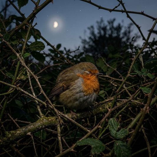Gartenvogel schläft nachts im Gebüsch bei Mondlicht