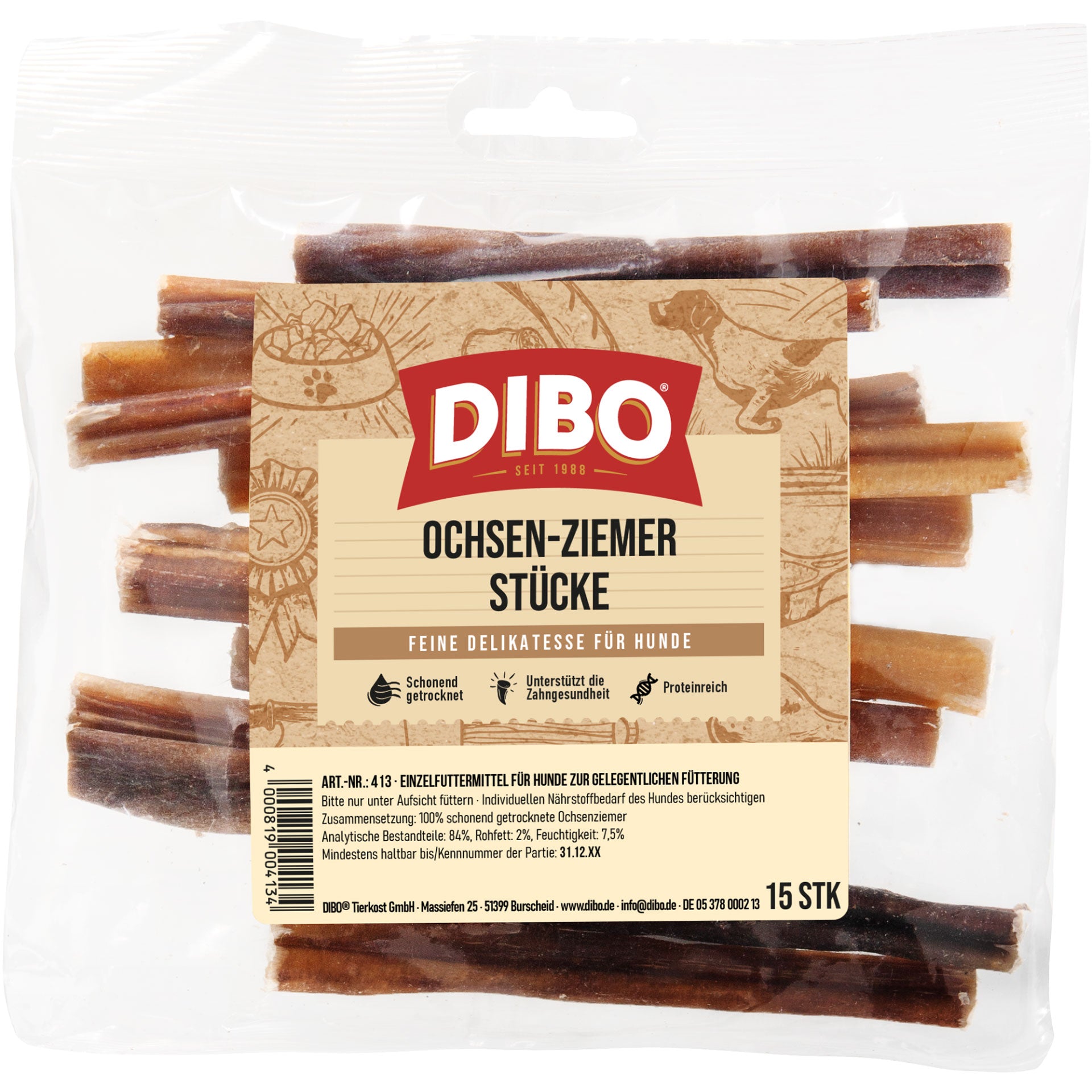 Dibo Ochsenziemer-Stücke 12cm, 15er Beutel