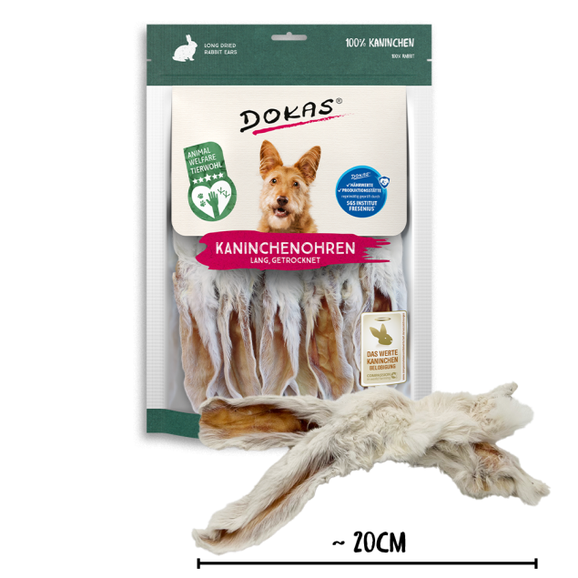 Dokas Kaninchenohren mit Fell getrocknet (lang) 180g offen