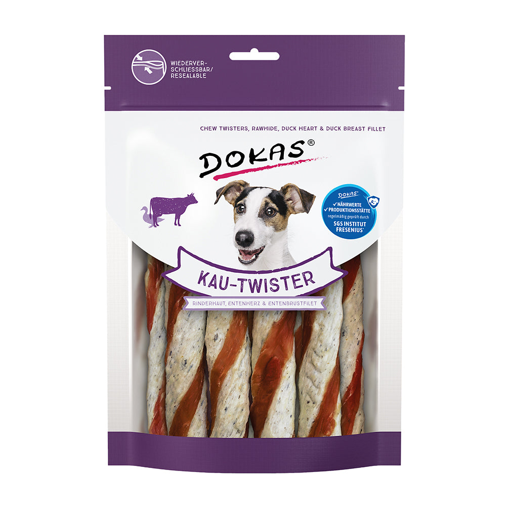 Dokas Kau-Twister Rinderhaut/Entenherz &amp; Entenbrust 200g