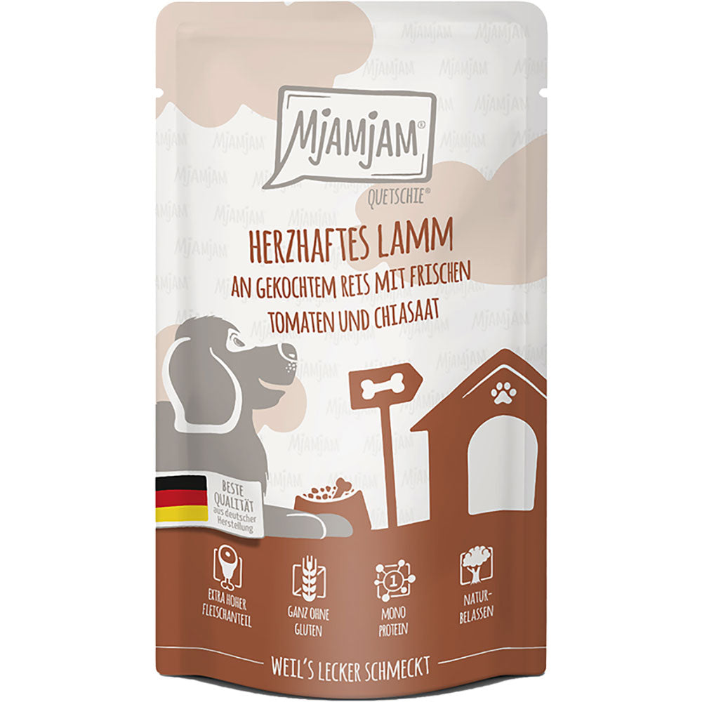 MjAMjAM Quetschie - herzhaftes Lamm an gekochtem Reis mit frischen Tomaten und Chiasaat 125g